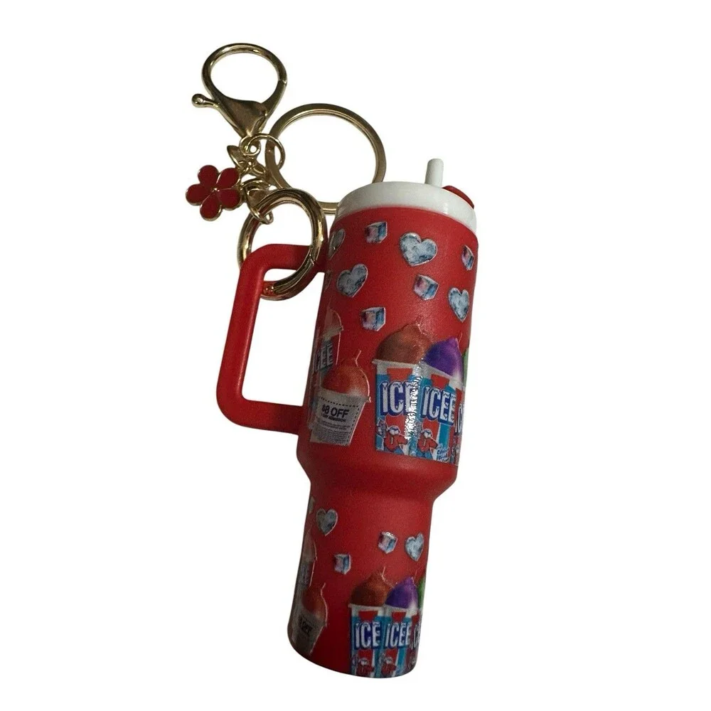 Fashion Mini Cup Keychain Tumbler  Women Lip Balm Holder Red W/ Flower Charm